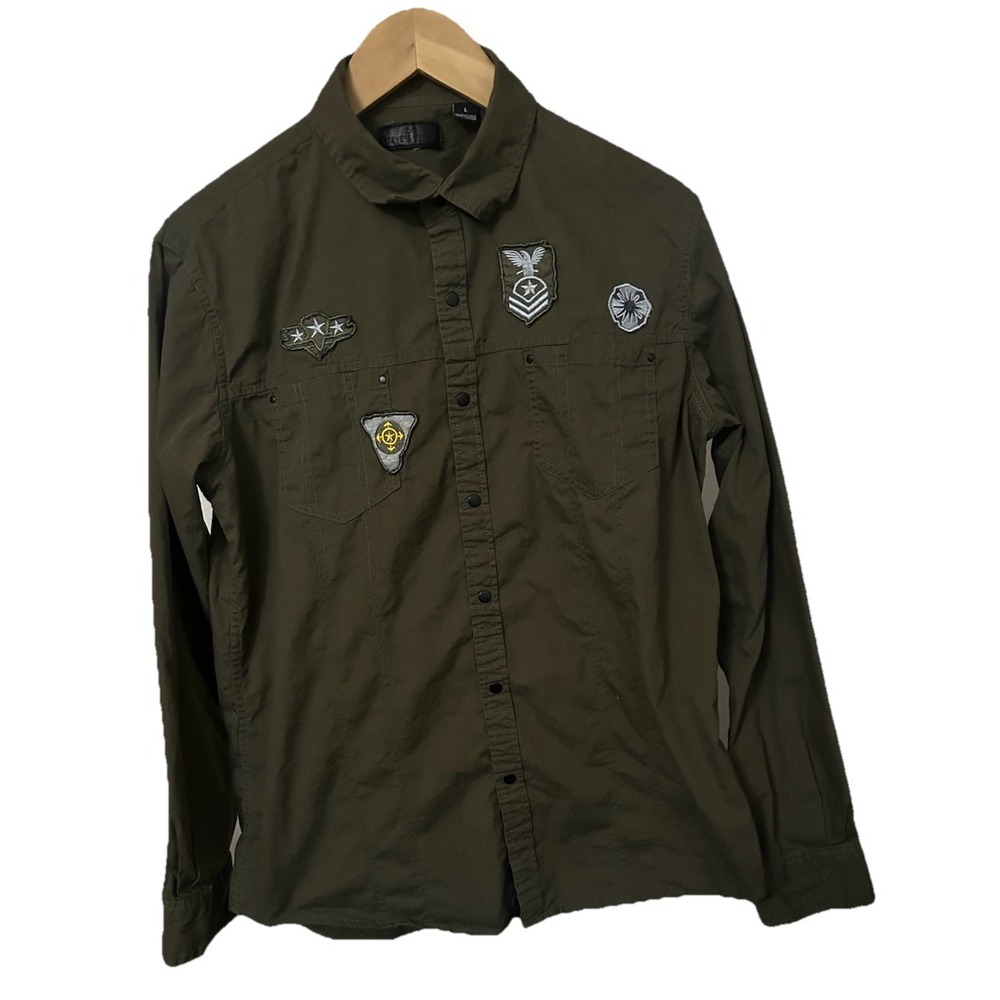 Steve's Jeans Olive Green W/ Patches Long Sleeve Snap Button Men's L Shirt